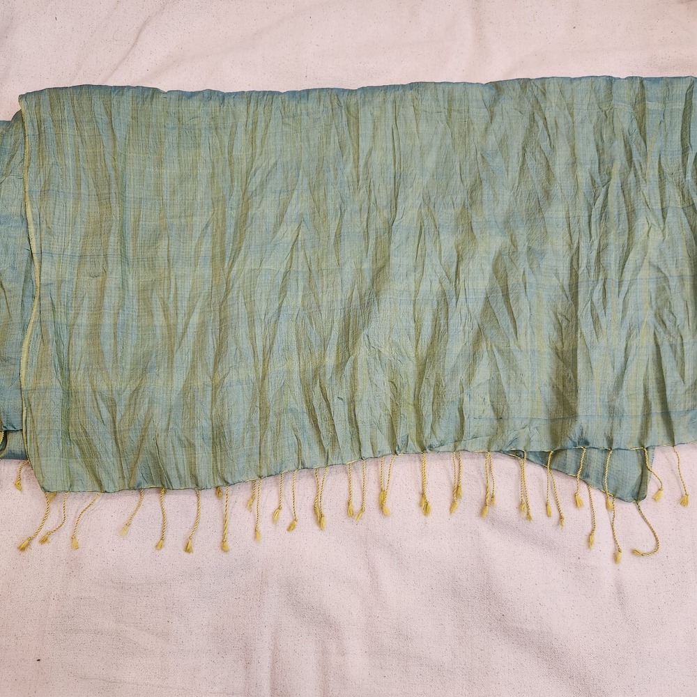 Lightweight Crinkle Scarf Blue Green Sage Tasseled Fringe Boho Bohemian Wrap